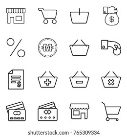 Thin line icon set : shop, cart, basket, money gift, percent, crypto currency, hand coin, account balance, add to, remove from, delete, credit card