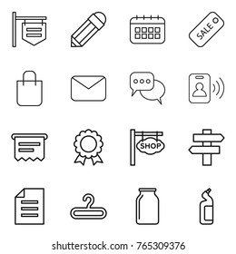 Thin line icon set : shop signboard, pencil, calendar, sale, shopping bag, mail, discussion, pass card, atm receipt, medal, singlepost, document, hanger, bank, toilet cleanser
