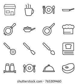 Thin line icon set : shop, hot drink, cafe, pan, chief hat, skimmer, spatula, big spoon, cooking book, salt pepper, fork plate, meal cap, steake