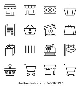 Thin line icon set : shop, money, basket, account balance, add to, credit card, shopping bag, bar code, cashbox, store signboard, cart