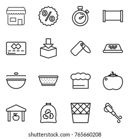 Thin line icon set : shop, percent, stopwatch, fence, credit card, package, label, taxi, cauldron, colander, chief hat, tomato, warehouse, garbage bag, trash bin, blower