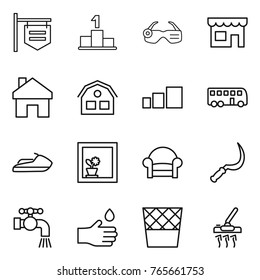 Thin Line Icon Set : Shop Signboard, Pedestal, Smart Glasses, Home, House, Sorting, Bus, Jet Ski, Flower In Window, Armchair, Sickle, Water Tap, Hand Drop, Trash Bin, Vacuum Cleaner