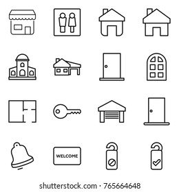 Thin line icon set : shop, wc, home, mansion, house with garage, door, arch window, plan, key, bell, welcome mat, do not distrub, please clean