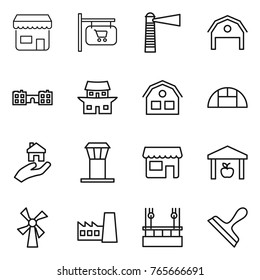 Thin line icon set : shop, signboard, lighthouse, barn, school, japanese house, greenhouse, real estate, airport tower, warehouse, windmill, factory, skysrcapers cleaning, scraper