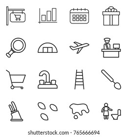 Thin line icon set : shop signboard, graph, calendar, gift, magnifier, hangare, plane, customs control, cart, water tap, stairs, big spoon, knife holder, seeds, spot, toilet cleaning
