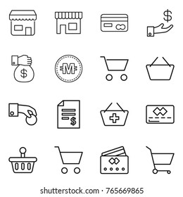 Thin line icon set : shop, card, investment, money gift, crypto currency, cart, basket, hand coin, account balance, add to, credit