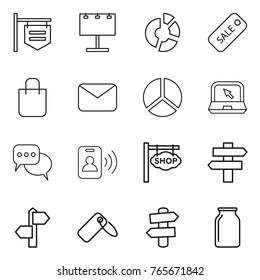 Thin line icon set : shop signboard, billboard, circle diagram, sale, shopping bag, mail, notebook, discussion, pass card, singlepost, signpost, label, bank