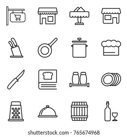 Thin line icon set : shop signboard, restaurant, stands for knives, pan, chief hat, knife, cooking book, salt pepper, plates, grater, meal cap, barrel, wine