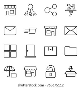 Thin line icon set : shop, share, 24 7, mail, delivery, window, door, package box, documents, insurance, unlocked
