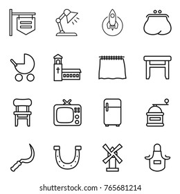 Thin line icon set : shop signboard, table lamp, rocket, purse, baby stroller, church, curtain, stool, chair, tv, fridge, hand mill, sickle, horseshoe, windmill, apron