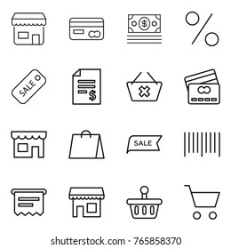 Thin line icon set : shop, card, money, percent, sale, account balance, delete cart, credit, shopping bag, bar code, atm receipt, basket