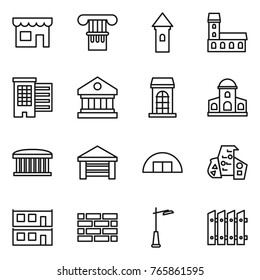 Thin line icon set : shop, column, tower, mansion, houses, library, building, airport, garage, hangare, modern architecture, modular house, brick wall, outdoor light, fence