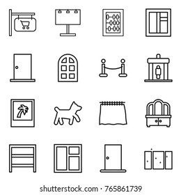 Thin line icon set : shop signboard, billboard, abacus, window, door, arch, vip fence, detector, photo, dog, curtain, dresser, rack, clean