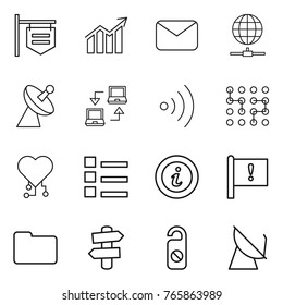 Thin line icon set : shop signboard, diagram, mail, globe connect, satellite antenna, notebook, wireless, chip, cardio, list, info, important flag, documents, signpost, do not distrub