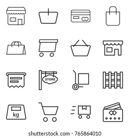 Thin line icon set : shop, basket, card, shopping bag, delivery, atm receipt, store signboard, cargo stoller, pallet, heavy, cart, fast deliver, credit