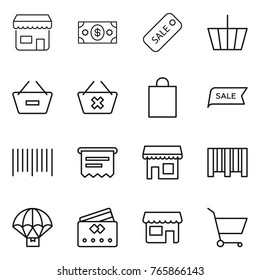 Thin line icon set : shop, money, sale, basket, remove from, delete cart, shopping bag, bar code, atm receipt, parachute delivery, credit card