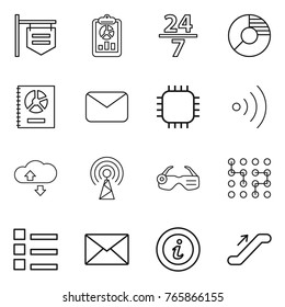 Thin line icon set : shop signboard, report, 24 7, circle diagram, annual, mail, chip, wireless, cloude service, antenna, smart glasses, list, info, escalator