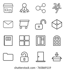 Thin line icon set : shop, share, 24 7, mail, delivery, unlock, box, copybook, window, arch, documents, unlocked, door, package