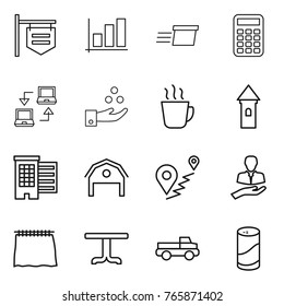 Thin line icon set : shop signboard, graph, delivery, calculator, notebook connect, chemical industry, hot drink, tower, houses, barn, route, client, curtain, table, pickup, cleanser powder