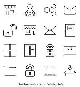 Thin line icon set : shop, share, mail, unlock, copybook, window, arch, package box, documents, unlocked