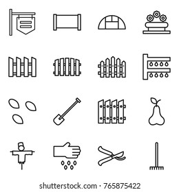 Thin line icon set : shop signboard, fence, greenhouse, flower bed, watering, seeds, shovel, pear, scarecrow, sow, pruner, rake