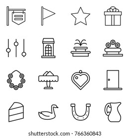 Thin line icon set : shop signboard, flag, star, gift, equalizer, building, fountain, flower bed, hawaiian wreath, restaurant, heart pendant, door, cake, goose, horseshoe, jug