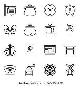 Thin line icon set : shop signboard, purse, clock, alarm, bow, tv, windmill, anchor, photo, wardrobe, stool, phone, hand mill, wheel