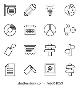 Thin line icon set : shop signboard, pencil, bulb, circle diagram, calendar, satellite, label, atm receipt, singlepost, signpost, document, photo