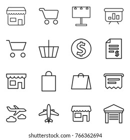 Thin line icon set : shop, cart, billboard, presentation, basket, dollar coin, account balance, shopping bag, atm receipt, journey, airplane, garage