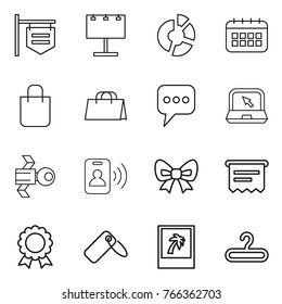 Thin line icon set : shop signboard, billboard, circle diagram, calendar, shopping bag, message, notebook, satellite, pass card, bow, atm receipt, medal, label, photo, hanger