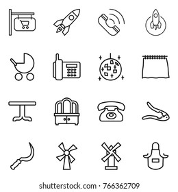 Thin line icon set : shop signboard, rocket, call, baby stroller, phone, disco ball, curtain, table, dresser, walnut crack, sickle, windmill, apron
