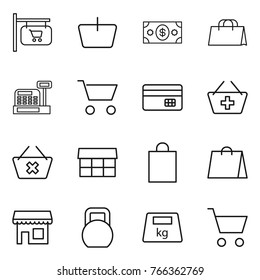 Thin line icon set : shop signboard, basket, money, shopping bag, cashbox, cart, credit card, add to, delete, market, heavy