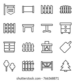 Thin line icon set : shop signboard, fence, pallet, table, nightstand, chest of drawers, fireplace, cutting board, trees, farm, spruce