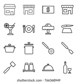 Thin line icon set : shop, receipt, cocktail, cafe, restaurant, cutting board, pan, skimmer, spatula, meat hammer, salt pepper, meal cap, wine