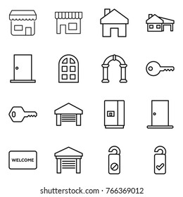 Thin line icon set : shop, home, house with garage, door, arch window, key, fridge, welcome mat, do not distrub, please clean