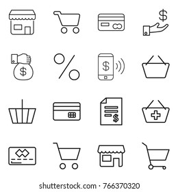 Thin line icon set : shop, cart, card, investment, money gift, percent, phone pay, basket, credit, account balance, add to