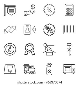 Thin line icon set : shop signboard, investment, percent, calculator, up down arrow, pass card, bar code, info, medal, sun potection, do not hook sign, heavy, train, distrub, grill oven