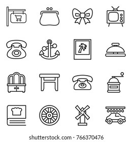 Thin line icon set : shop signboard, purse, bow, tv, phone, anchor, photo, service bell, dresser, stool, hand mill, cooking book, wheel, windmill, car wash