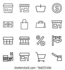 Thin line icon set : shop, basket, dollar, money, shopping bag, market, percent, store signboard, mall, cart, turk
