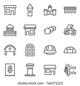 Thin line icon set : shop, tower, castle, bridge, cottage, houses, modern architecture, barn, arch window, building helmet, greenhouse, tax, airport, skyscrapers cleaning