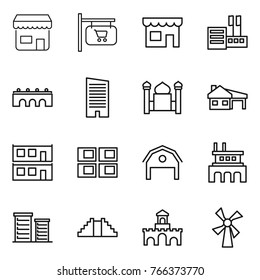 Thin line icon set : shop, signboard, store, bridge, skyscraper, minaret, house with garage, modular, panel, barn, factory, district, pyramid, fort, windmill