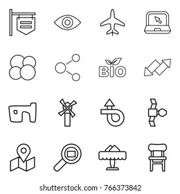 Thin line icon set : shop signboard, eye, plane, notebook, atom core, molecule, bio, up down arrow, slum, windmill, trip, satellite, map, cargo search, restaurant, chair