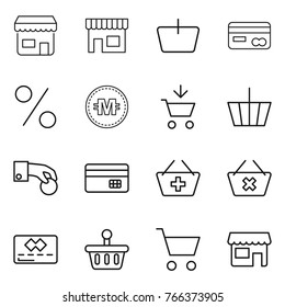 Thin line icon set : shop, basket, card, percent, crypto currency, add to cart, hand coin, credit, delete