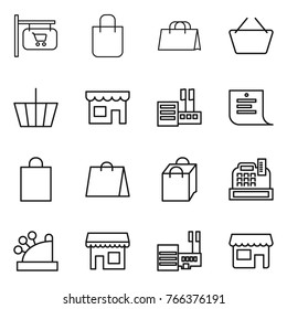 Thin line icon set : shop signboard, shopping bag, basket, store, list, cashbox, mall