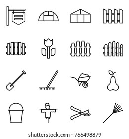Thin line icon set : shop signboard, greenhouse, fence, perishable, shovel, rake, wheelbarrow, pear, bucket, scarecrow, pruner