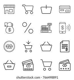 Thin line icon set : shop, cart, basket, card, money gift, percent, cashbox, phone pay, crypto currency, add to, account balance, remove from, credit