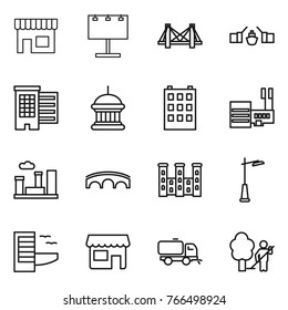Thin line icon set : shop, billboard, bridge, drawbridge, houses, goverment house, building, mall, city, palace, outdoor light, hotel, sweeper, garden cleaning