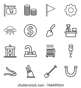 Thin line icon set : shop signboard, coin stack, flag, gear, ufo, dollar, construction, customs control, detector, water tap, radiator, handle scales, walnut crack, knife holder, shovel, horseshoe