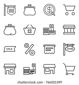 Thin line icon set : shop signboard, purse, dollar arrow, cart, delete, store, market, sale, percent, atm receipt, mall