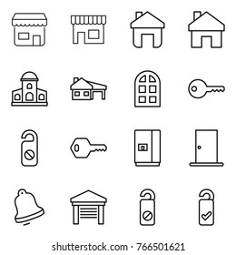 Thin line icon set : shop, home, mansion, house with garage, arch window, key, do not distrub, fridge, door, bell, please clean
